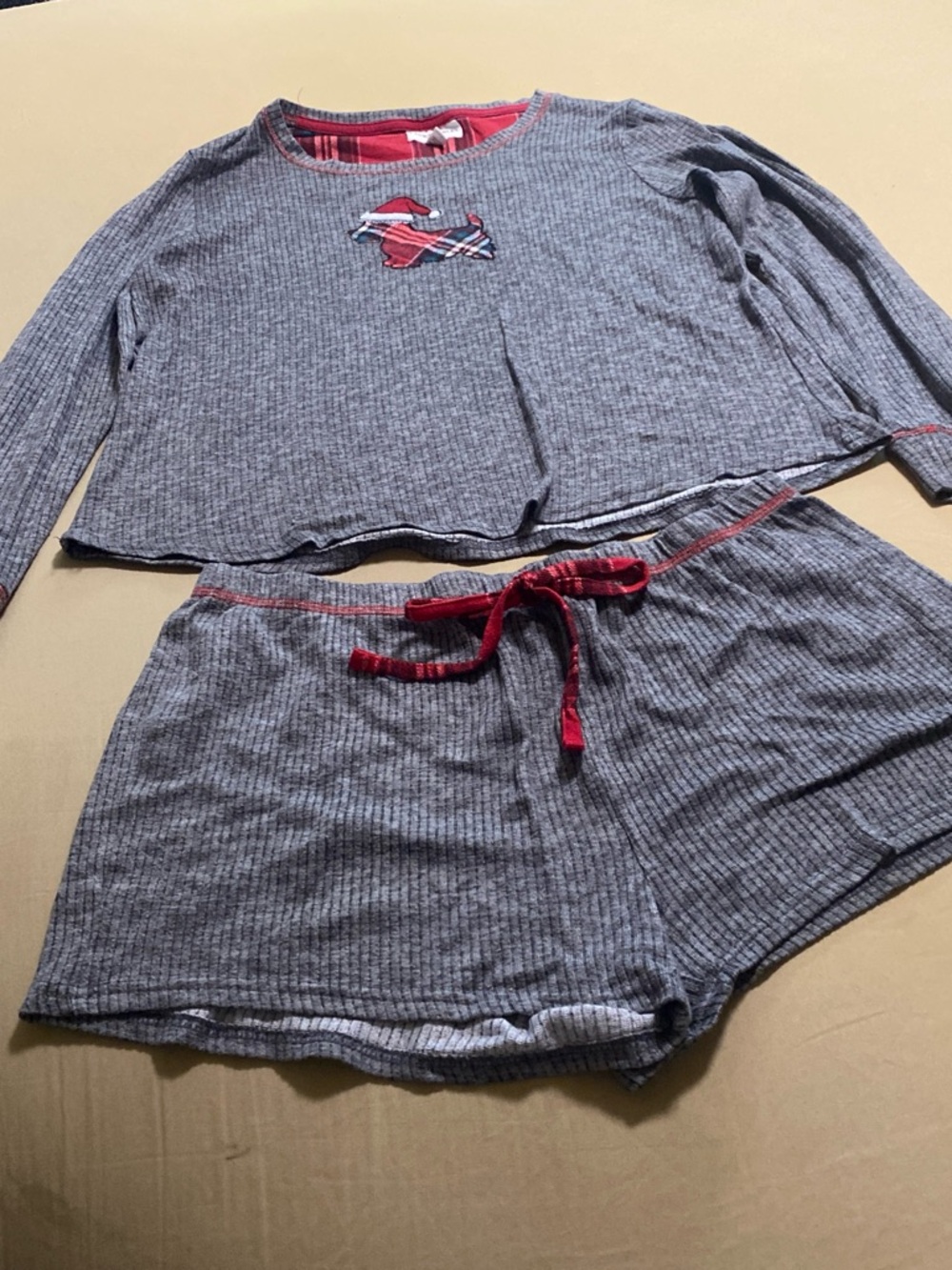 Laura Ashley Grey Ribbed Two-Piece Pajama Set with Red Accents